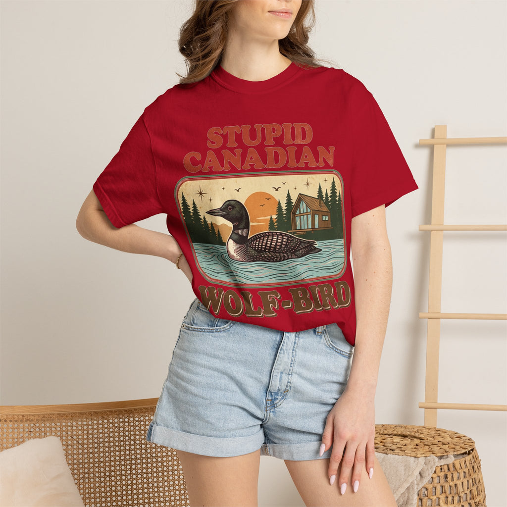 Stupid Canadian Wolf-Bird Shirt, Retro Loon Lake Badge Tee, Funny Canada Cabin Shirt, Lake Life Gift