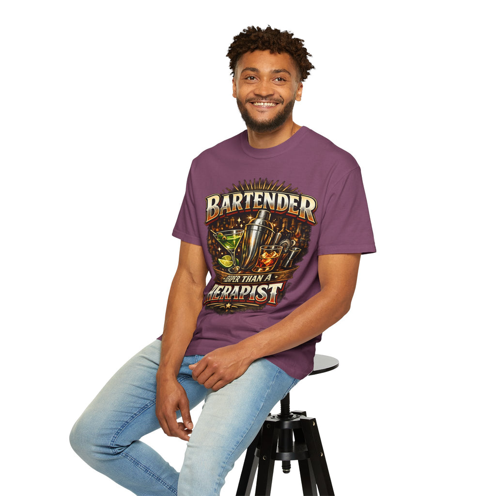 Bartender T-Shirt — "Bartender: Cheaper Than a Therapist" Vintage Bar Graphic Tee