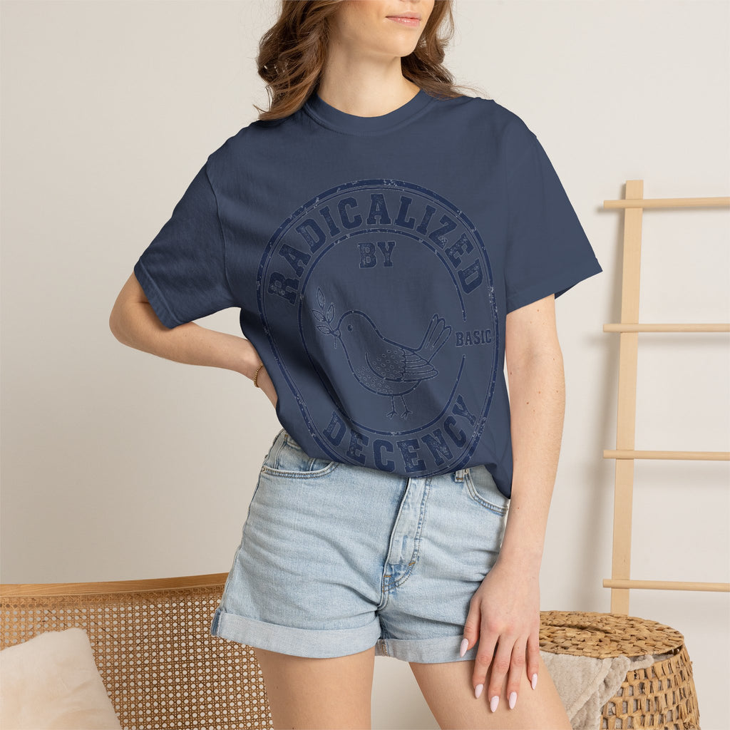 Radicalized By Basic Decency Navy Stamp Shirt, Line Art Dove Badge Tee, Kindness Protest Shirt, Activist Gift