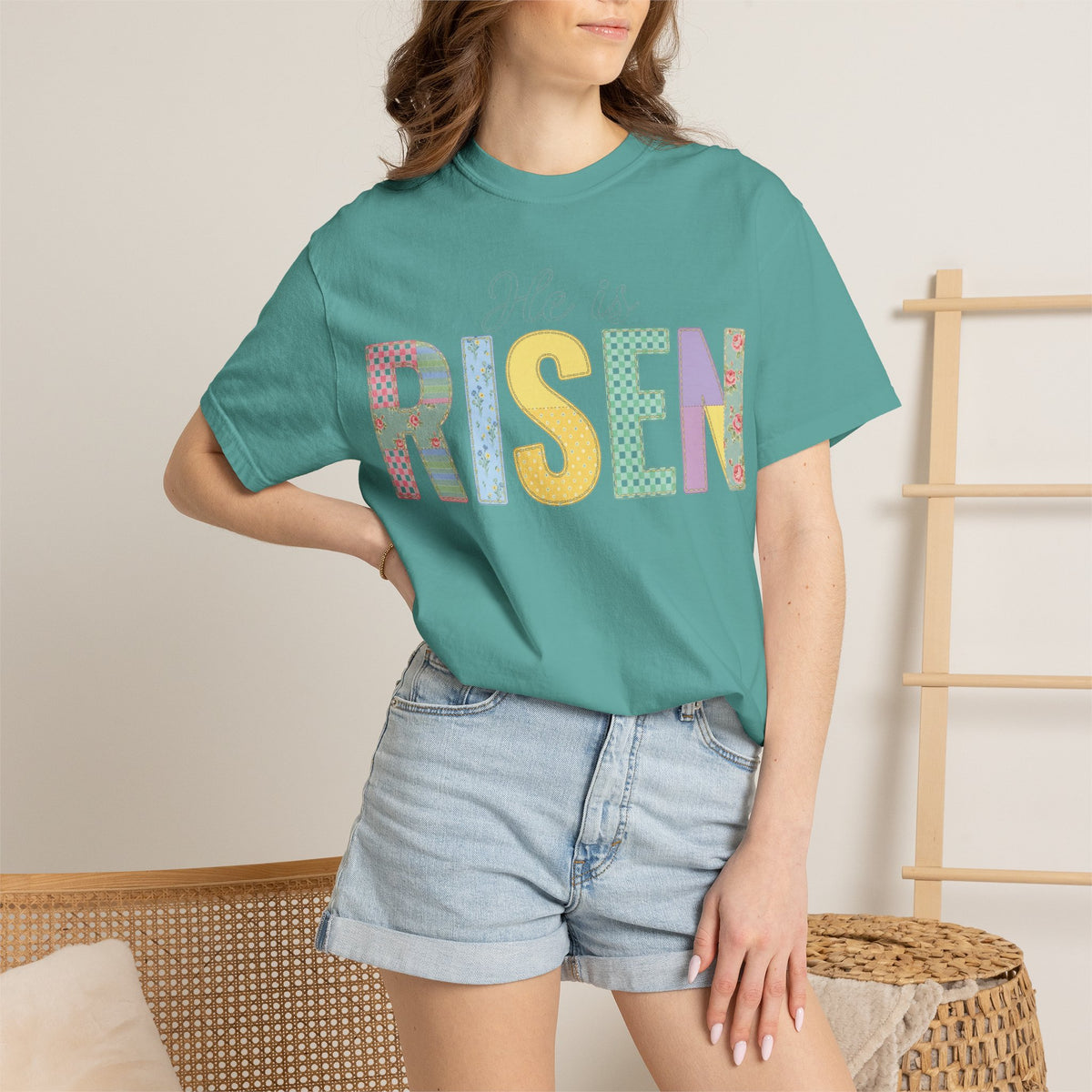 He Is Risen Patchwork Shirt, Faux Applique Easter Tee, Gingham Floral Christian Shirt, Easter Gift