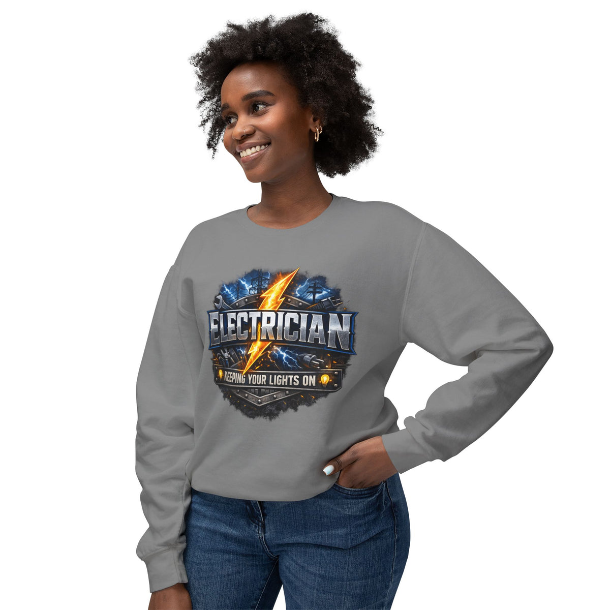 Electrician Crewneck Sweatshirt — "Keepin' Your Lights On" Graphic