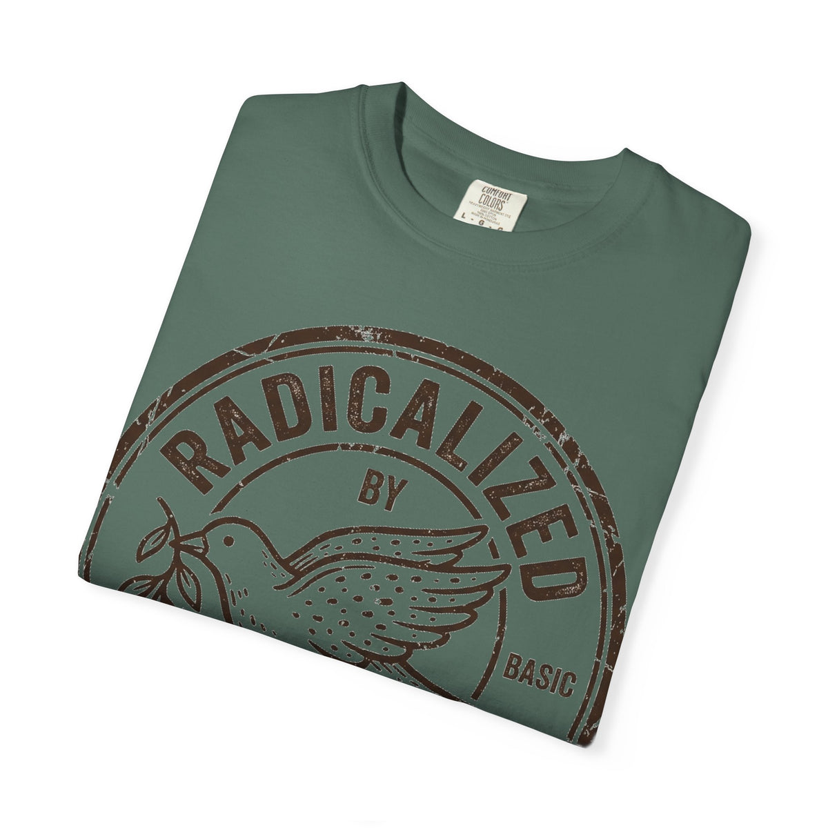 Radicalized By Basic Decency Brown Stamp Shirt, Flying Dove Badge Tee, Kindness Activist Shirt, Ally Gift