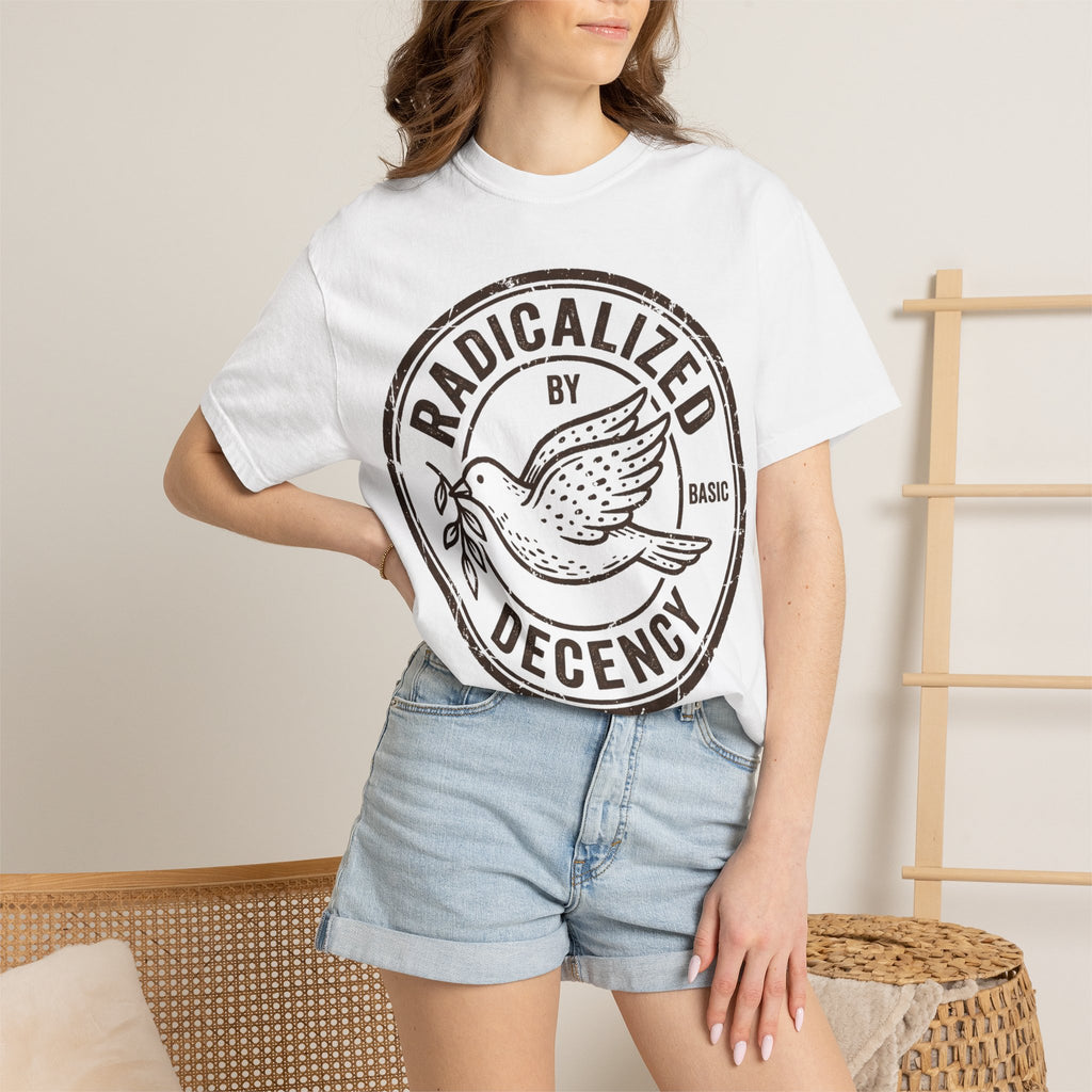 Radicalized By Basic Decency Brown Stamp Shirt, Flying Dove Badge Tee, Kindness Activist Shirt, Ally Gift
