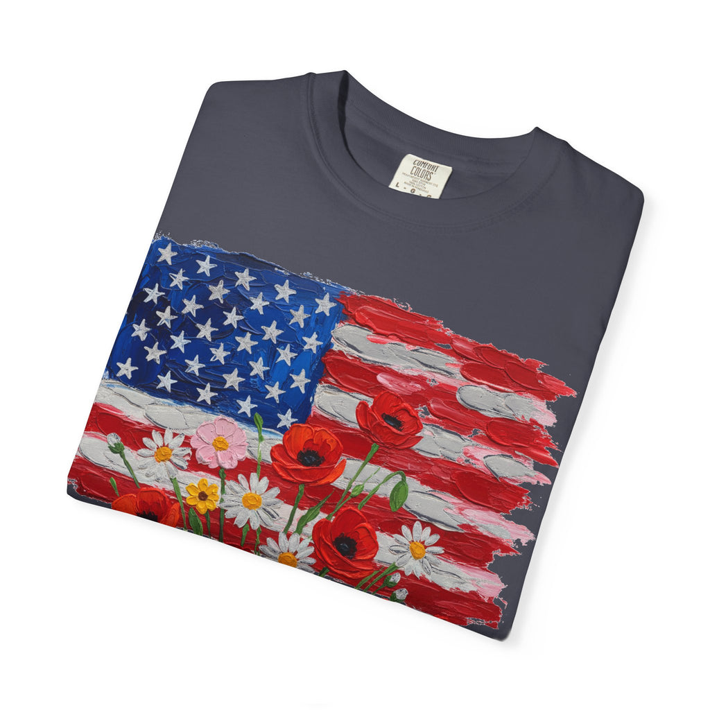 American Flag Poppy Bouquet Shirt, Impasto Patriotic Floral Tee, Memorial Day Shirt, Veterans Gift