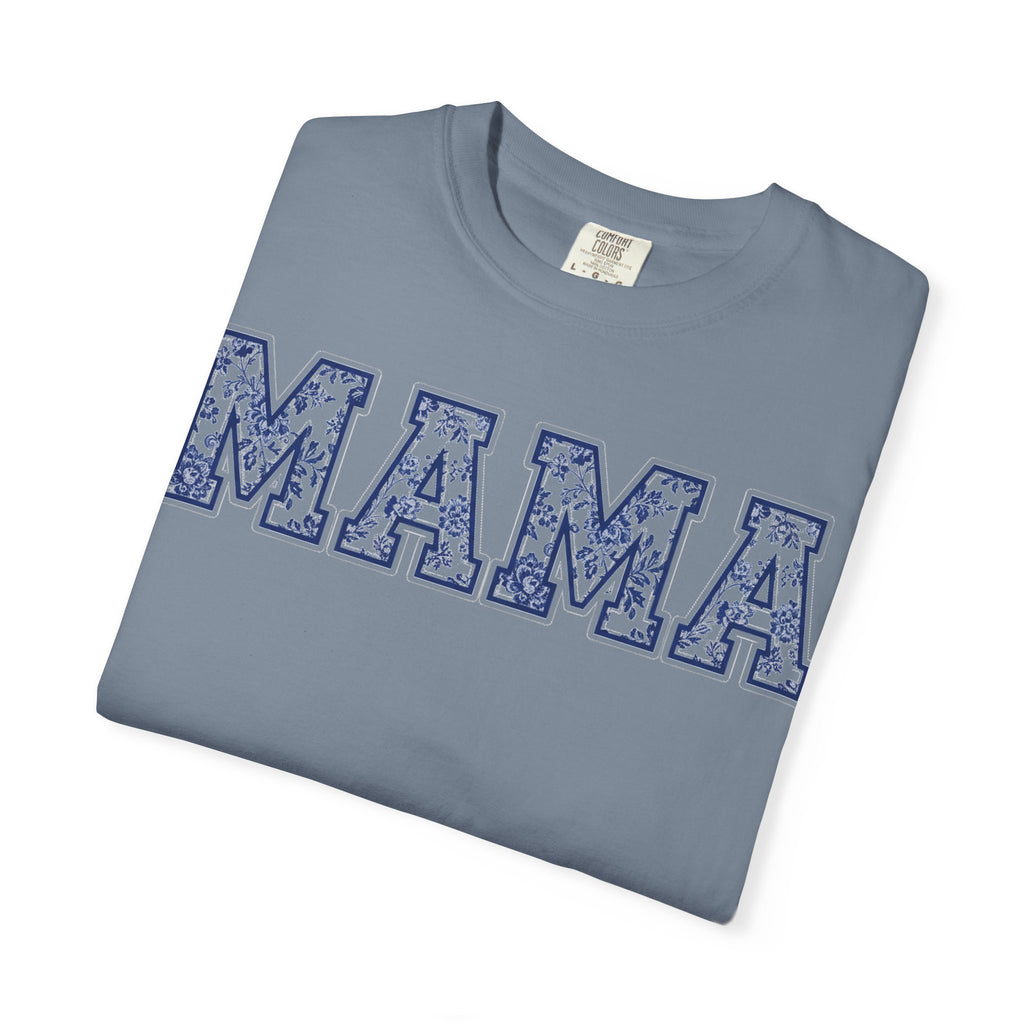 Mama Delft Blue Floral Shirt, Toile Varsity Applique Tee, Grandmillennial Mom Shirt, Mothers Day Gift