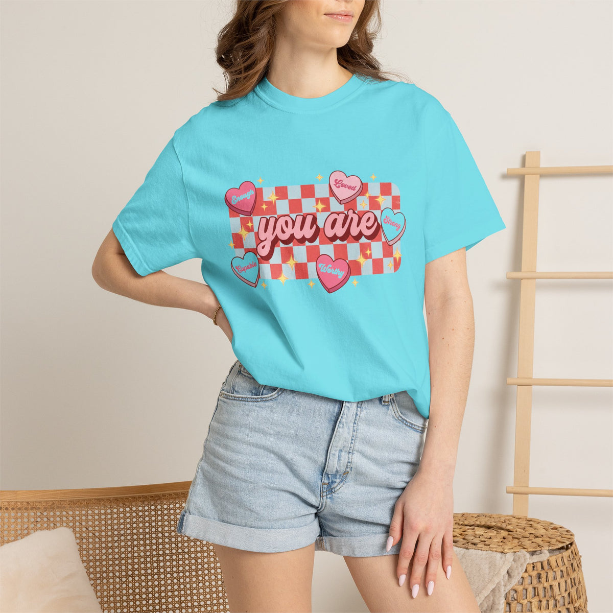 You Are Enough Loved Worthy Shirt, Conversation Heart Checkerboard Tee, Affirmation Valentine Shirt, Gift For Her