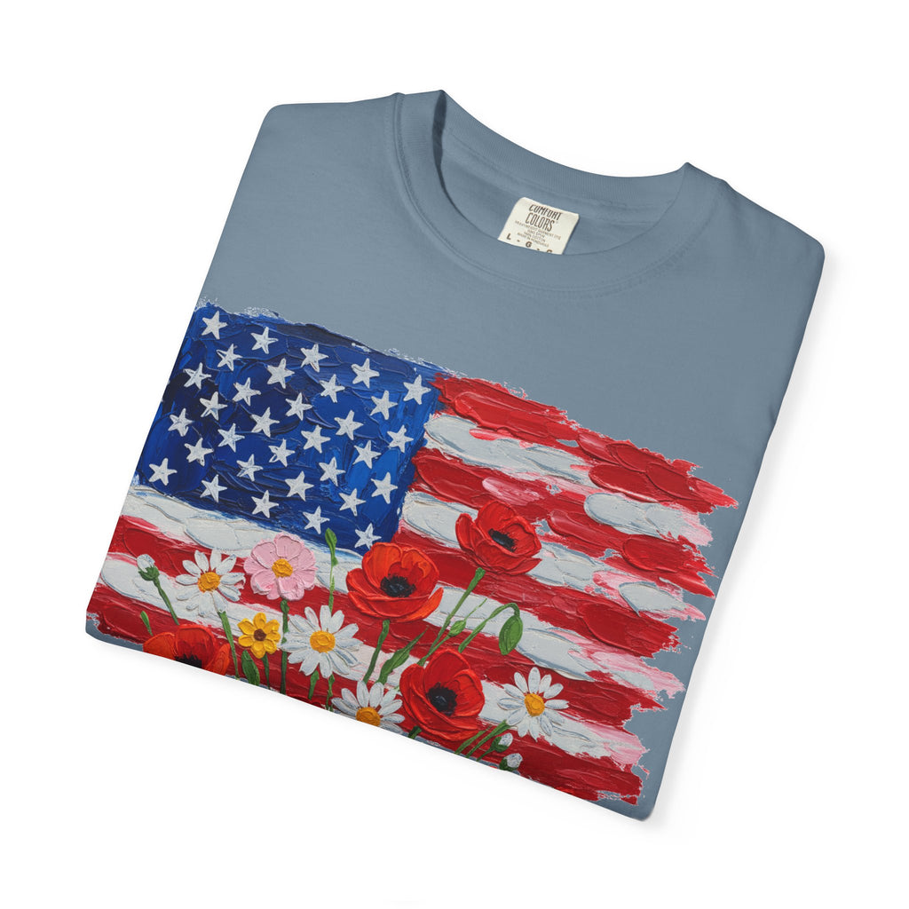 American Flag Poppy Bouquet Shirt, Impasto Patriotic Floral Tee, Memorial Day Shirt, Veterans Gift