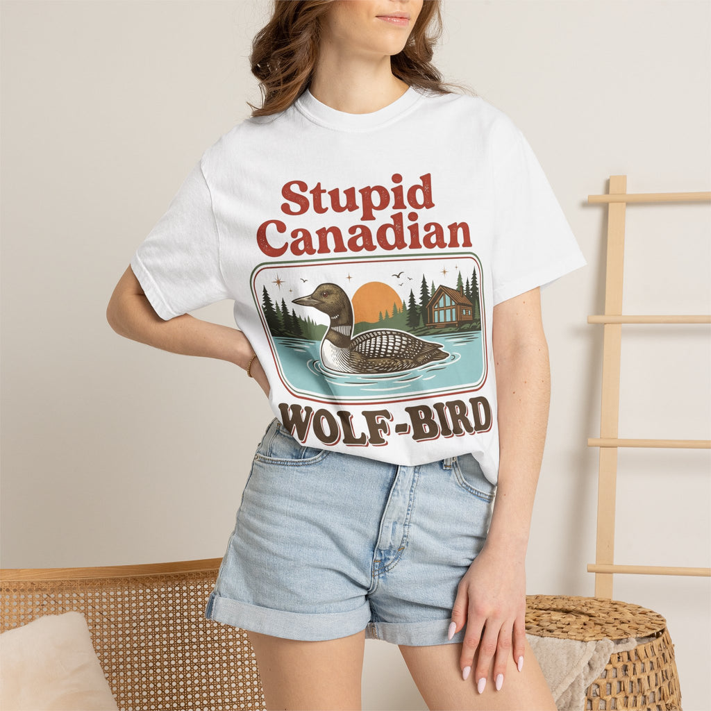 Stupid Canadian Wolf-Bird Classic Shirt, Loon Lake Scene Badge Tee, Funny Cabin Shirt, Lake Life Gift