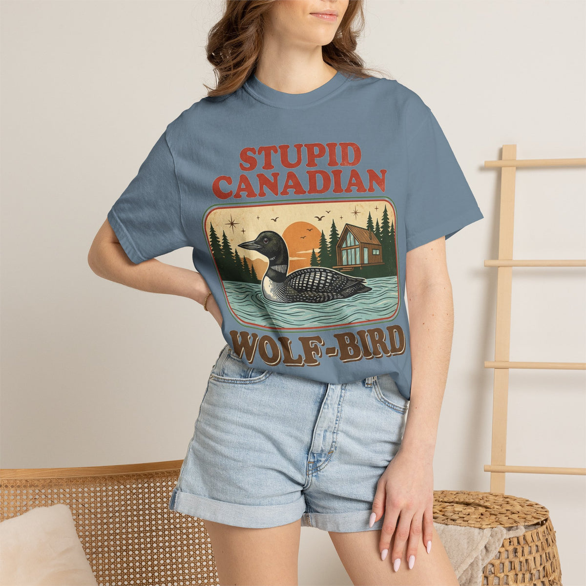 Stupid Canadian Wolf-Bird Shirt, Retro Loon Lake Badge Tee, Funny Canada Cabin Shirt, Lake Life Gift