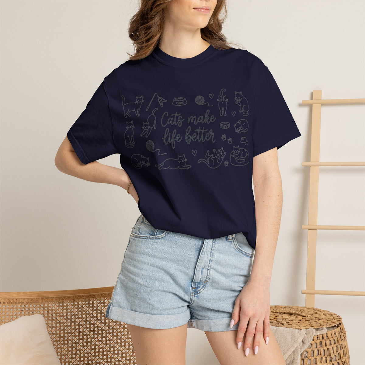 Cats Make Life Better Wide Shirt, Scattered Cat Doodle Tee, Minimal Cat Lover Shirt, Cat Owner Gift