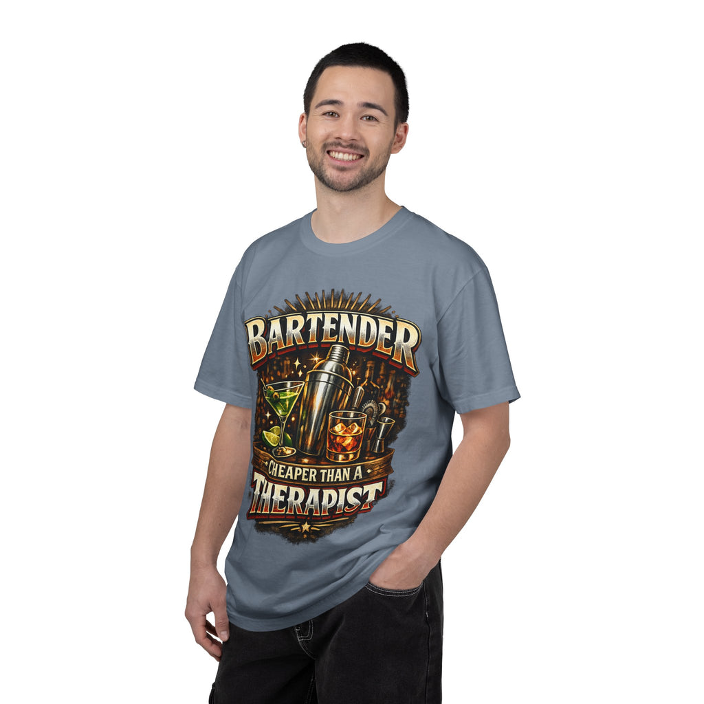 Bartender T-Shirt — "Bartender: Cheaper Than a Therapist" Vintage Bar Graphic Tee