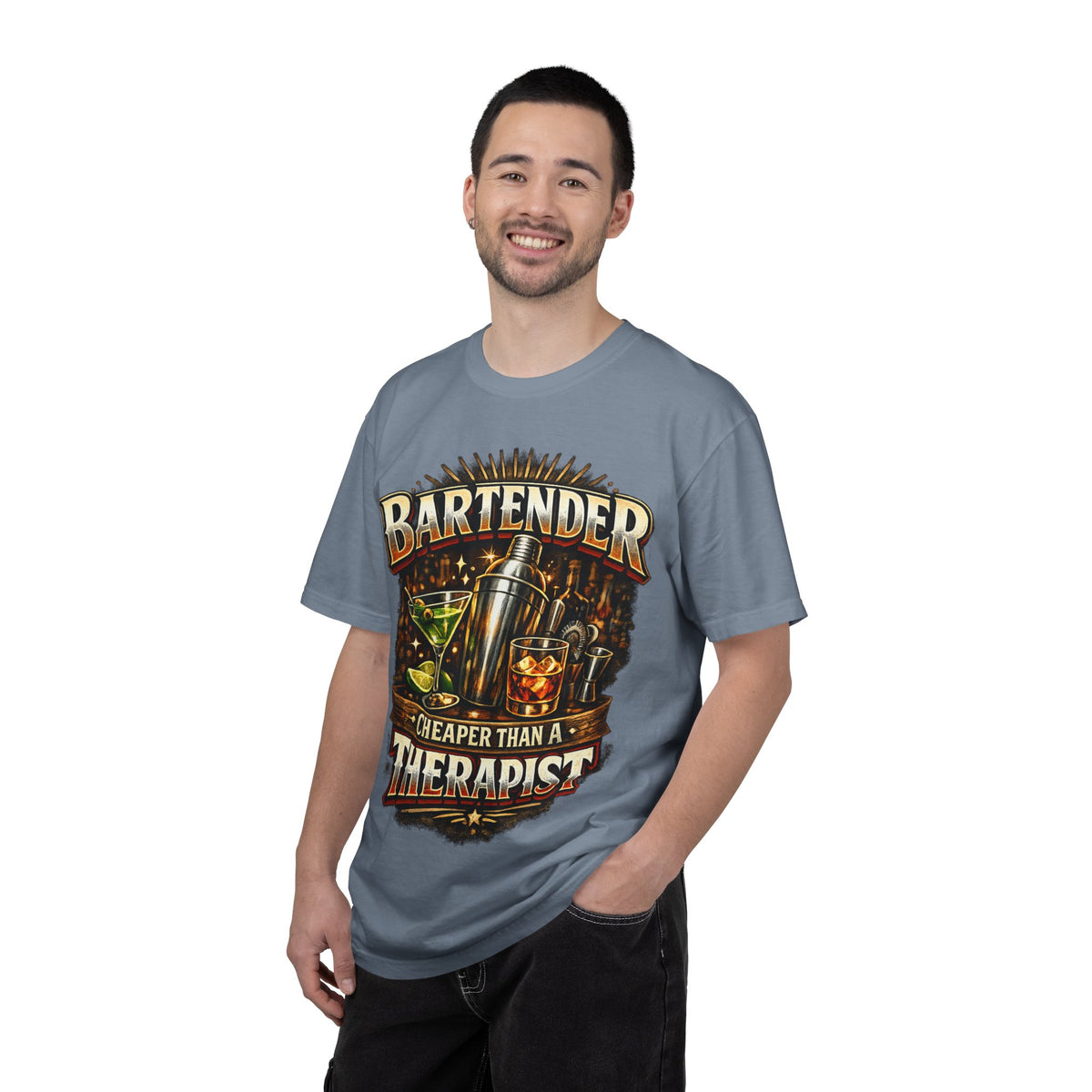 Bartender T-Shirt — "Bartender: Cheaper Than a Therapist" Vintage Bar Graphic Tee