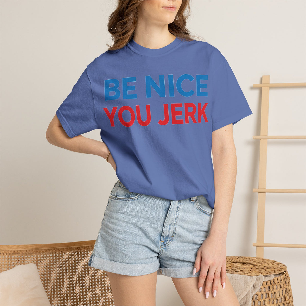 Be Nice You Jerk Wide Shirt, Funny Sarcastic Saying Tee, Light Blue And Red Shirt, Funny Friend Gift