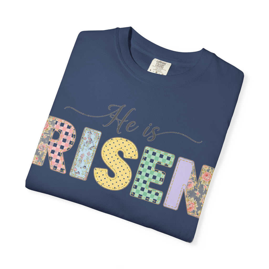 He Is Risen Pastel Patch Shirt, Easter Faux Stitch Letter Tee, Christian Spring Shirt, Easter Gift