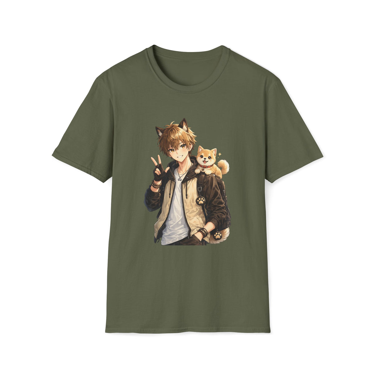Anime Boy with Shiba Inu T-Shirt — Cute Kawaii Cat-Eared Character Tee