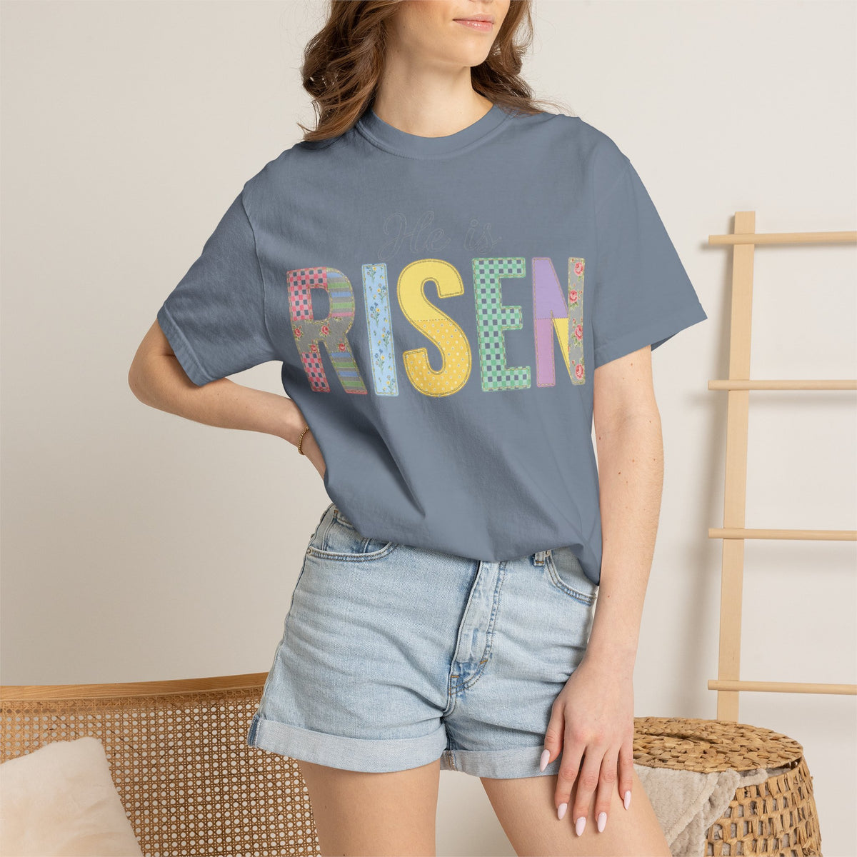 He Is Risen Patchwork Shirt, Faux Applique Easter Tee, Gingham Floral Christian Shirt, Easter Gift