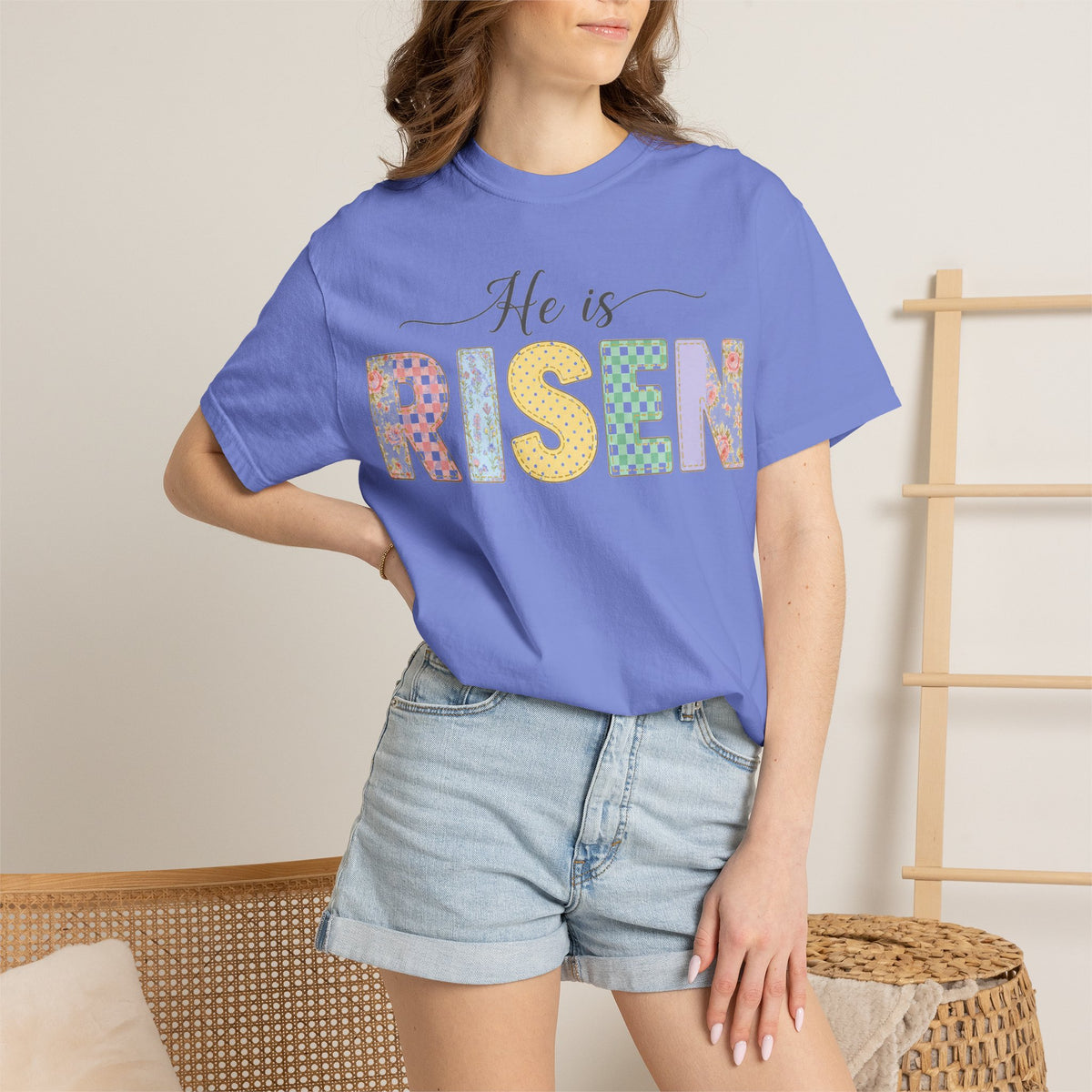 He Is Risen Pastel Patch Shirt, Easter Faux Stitch Letter Tee, Christian Spring Shirt, Easter Gift