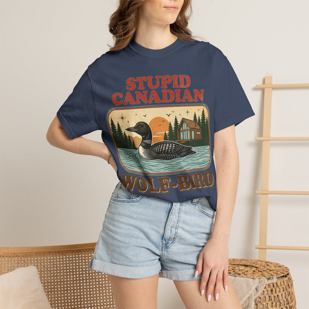 Stupid Canadian Wolf-Bird Shirt, Retro Loon Lake Badge Tee, Funny Canada Cabin Shirt, Lake Life Gift