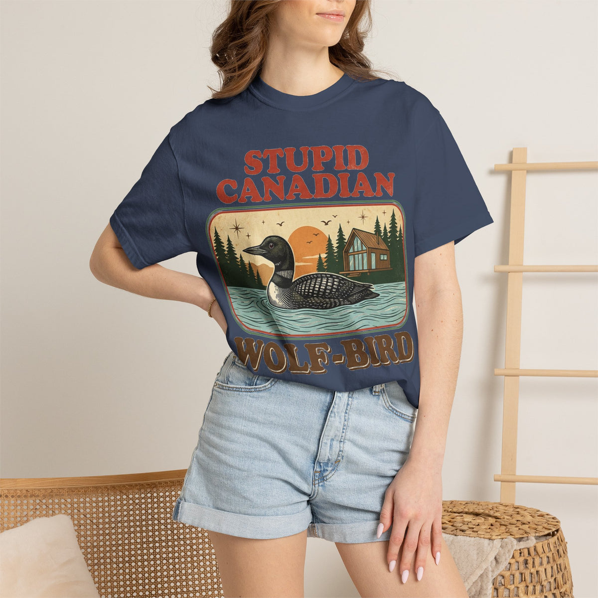 Stupid Canadian Wolf-Bird Shirt, Retro Loon Lake Badge Tee, Funny Canada Cabin Shirt, Lake Life Gift