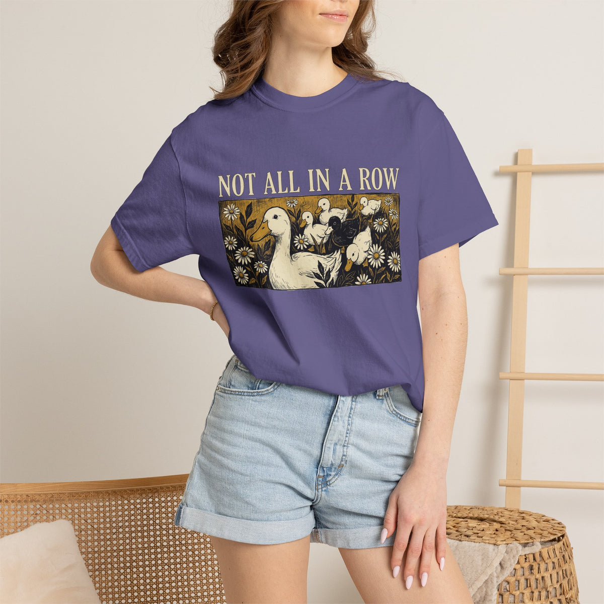 Not All In A Row Shirt, Woodcut Duck And Daisies Tee, Vintage Block Print Shirt, Funny Duck Gift