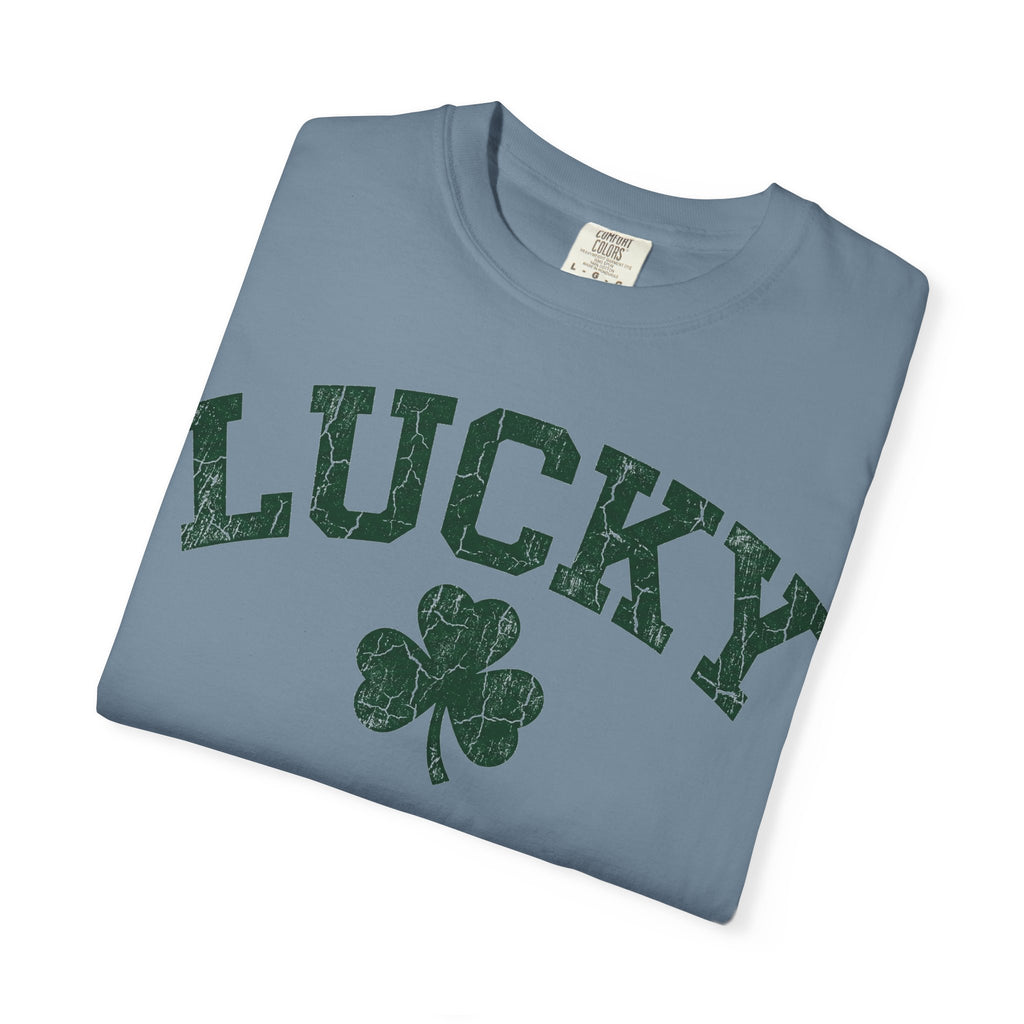 Lucky Clover Collegiate Shirt, Cracked Varsity Green Tee, St Patricks Day Shirt, Shamrock Gift