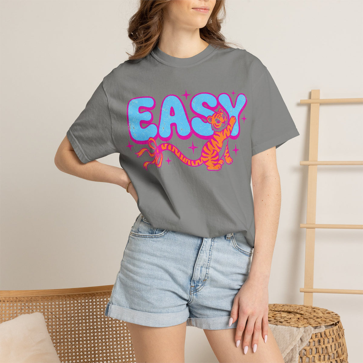 Easy Tiger Bow Shirt, Y2K Cub Bubble Type Tee, Retro Pink Blue Tiger Shirt, Trendy Gift