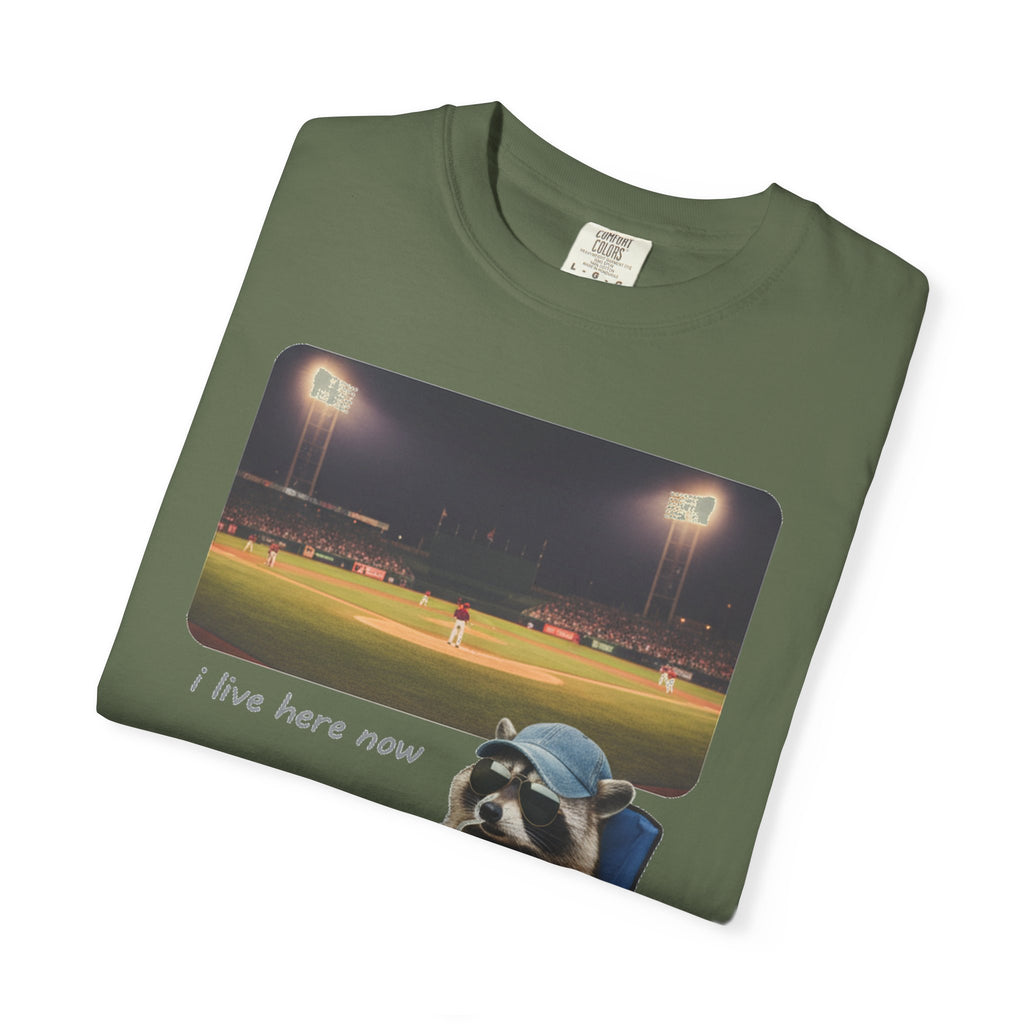 I Live Here Now Ballpark Raccoon Shirt, Funny Baseball Parent Tee, Camp Chair Raccoon Shirt, Sports Mom Gift