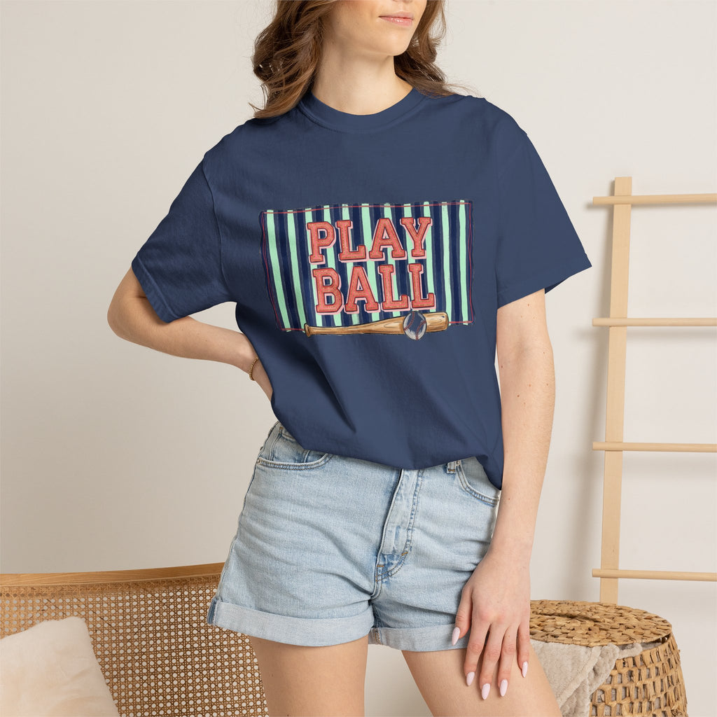 Play Ball Wide Stripe Shirt, Baseball Bat And Ball Tee, Vintage Game Day Shirt, Baseball Mom Gift