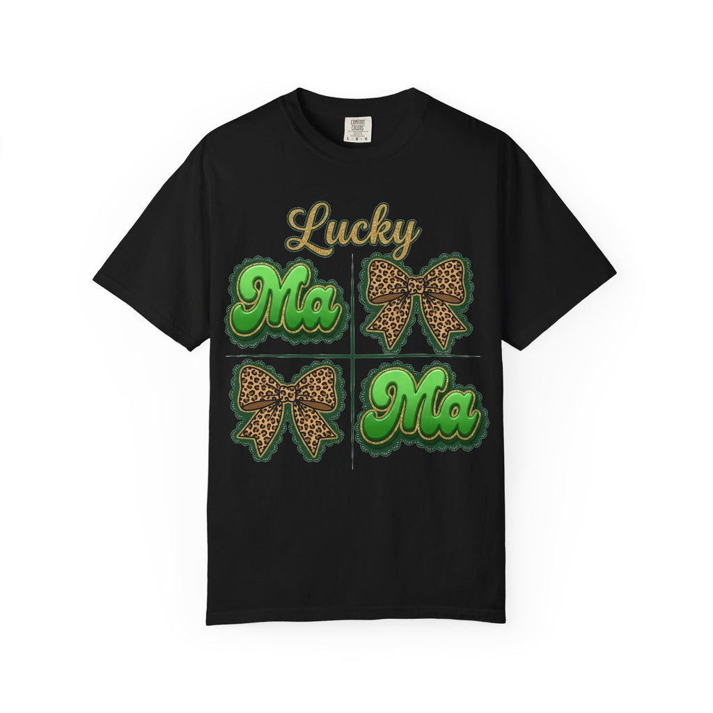 Lucky Mama Shirt, St Patricks Day Leopard Bow Tee, Green Glitter Mama Shirt, Irish Mom Gift