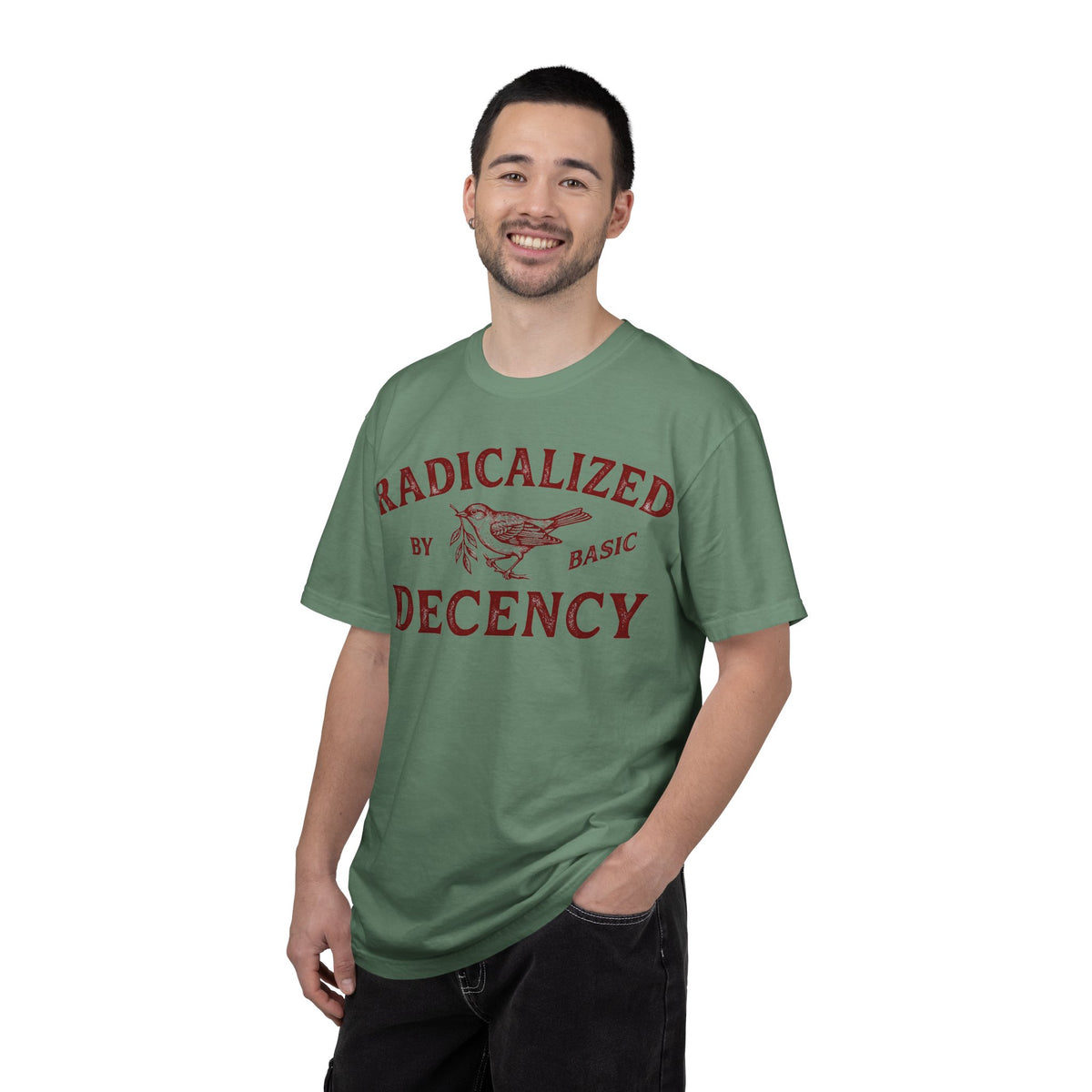 Radicalized By Basic Decency Bold Shirt, Engraved Bird Typography Tee, Kindness Statement Shirt, Protest Gift