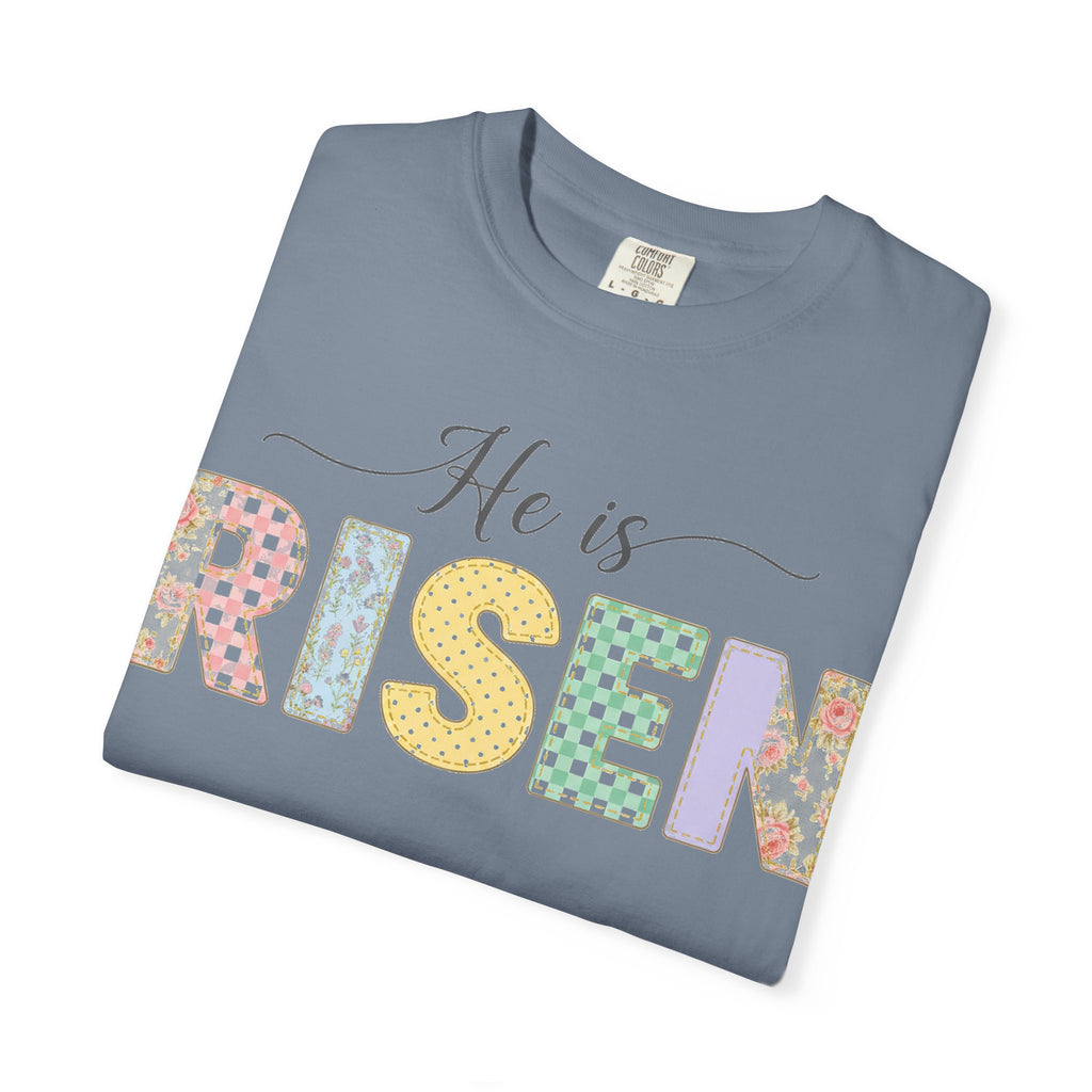 He Is Risen Pastel Patch Shirt, Easter Faux Stitch Letter Tee, Christian Spring Shirt, Easter Gift