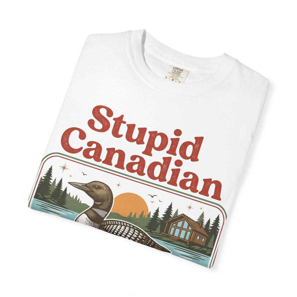 Stupid Canadian Wolf-Bird Classic Shirt, Loon Lake Scene Badge Tee, Funny Cabin Shirt, Lake Life Gift