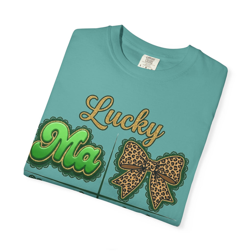 Lucky Mama Shirt, St Patricks Day Leopard Bow Tee, Green Glitter Mama Shirt, Irish Mom Gift
