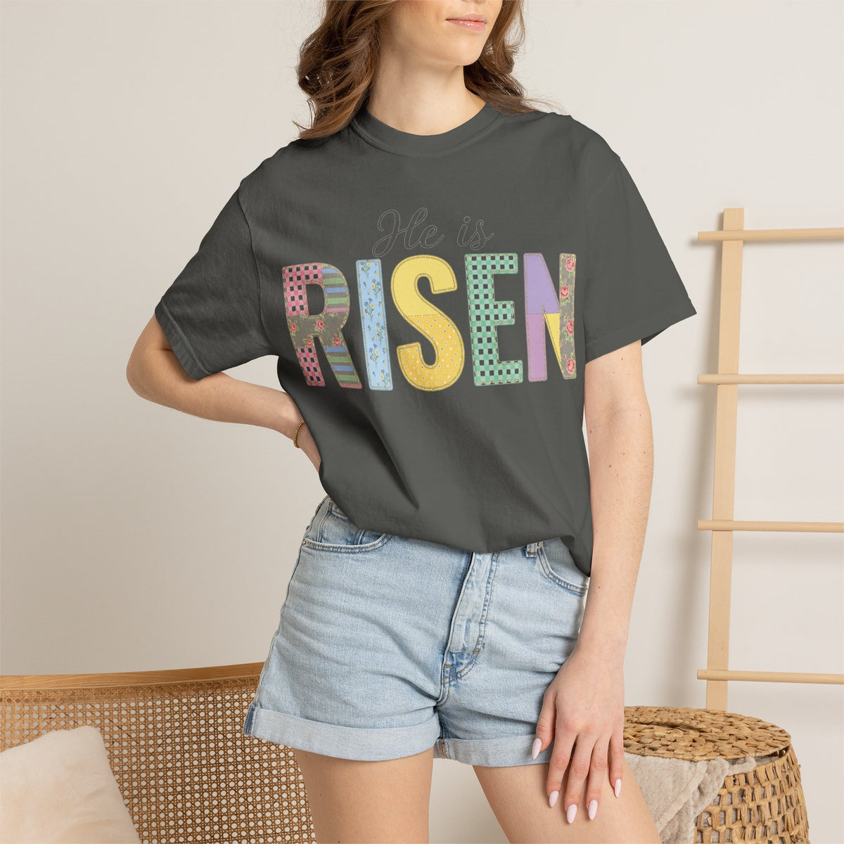 He Is Risen Patchwork Shirt, Faux Applique Easter Tee, Gingham Floral Christian Shirt, Easter Gift