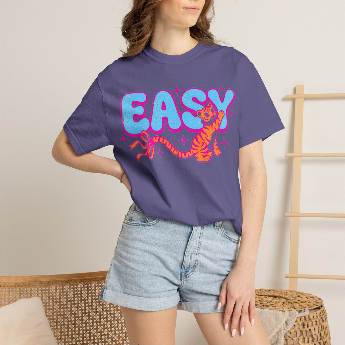 Easy Tiger Bow Shirt, Y2K Cub Bubble Type Tee, Retro Pink Blue Tiger Shirt, Trendy Gift