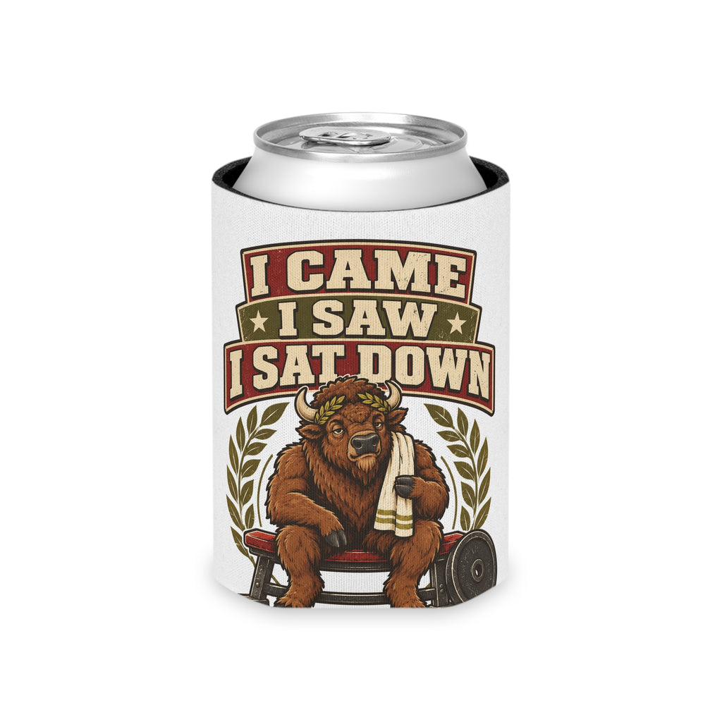 I Came I Saw I Sat Down Bison Can Cooler, Funny Beer Can Sleeve, Gym Gift Stocking Stuffer