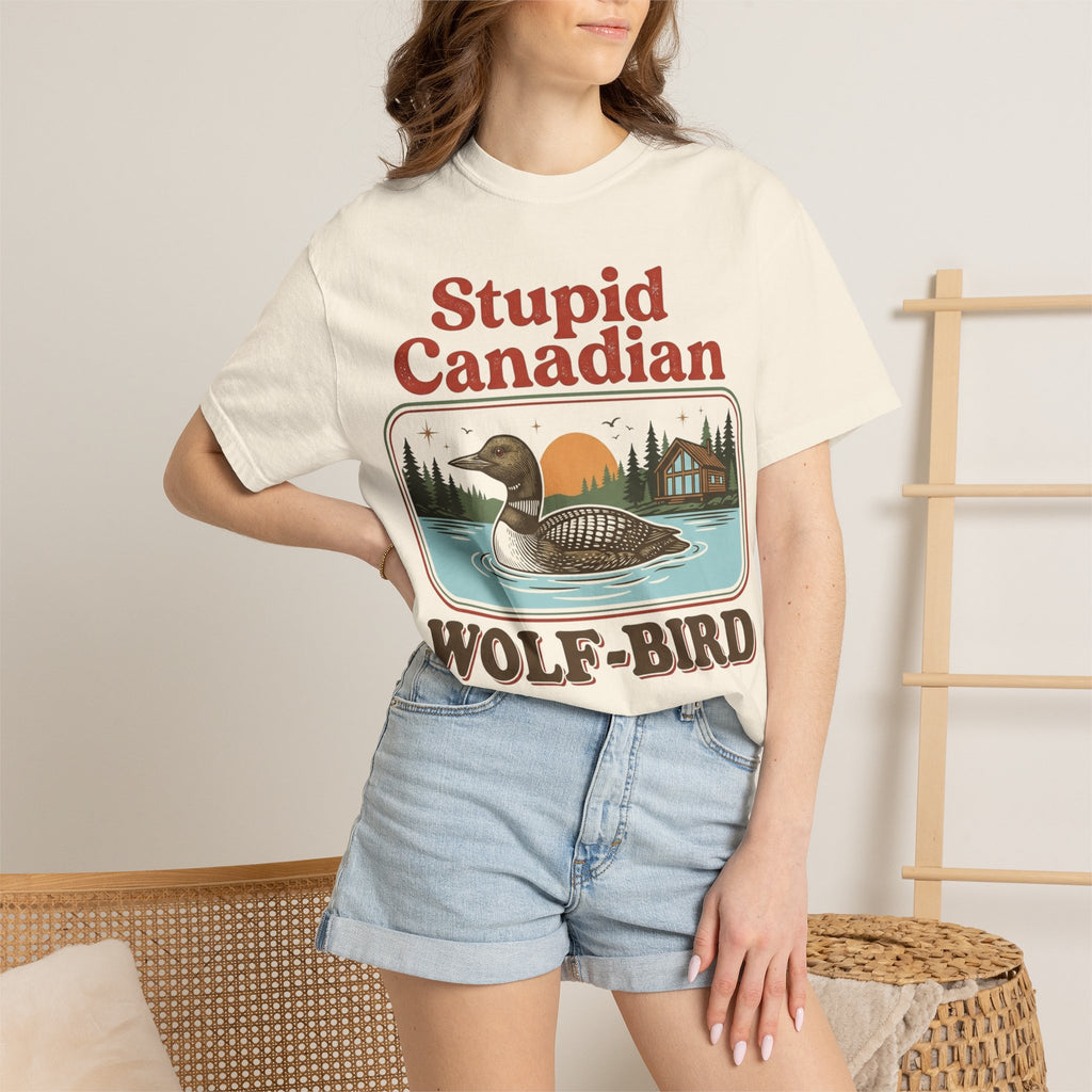 Stupid Canadian Wolf-Bird Classic Shirt, Loon Lake Scene Badge Tee, Funny Cabin Shirt, Lake Life Gift