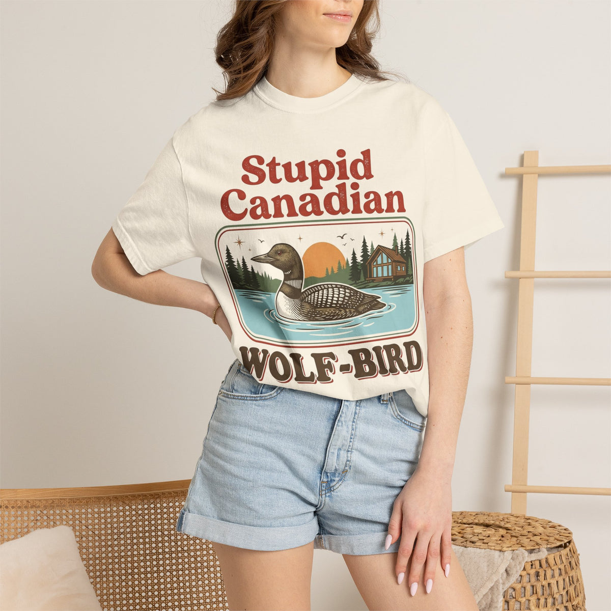 Stupid Canadian Wolf-Bird Classic Shirt, Loon Lake Scene Badge Tee, Funny Cabin Shirt, Lake Life Gift