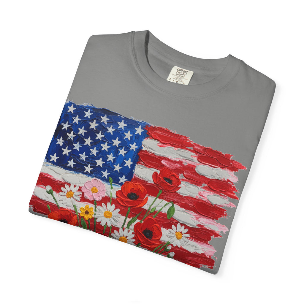 American Flag Poppy Bouquet Shirt, Impasto Patriotic Floral Tee, Memorial Day Shirt, Veterans Gift