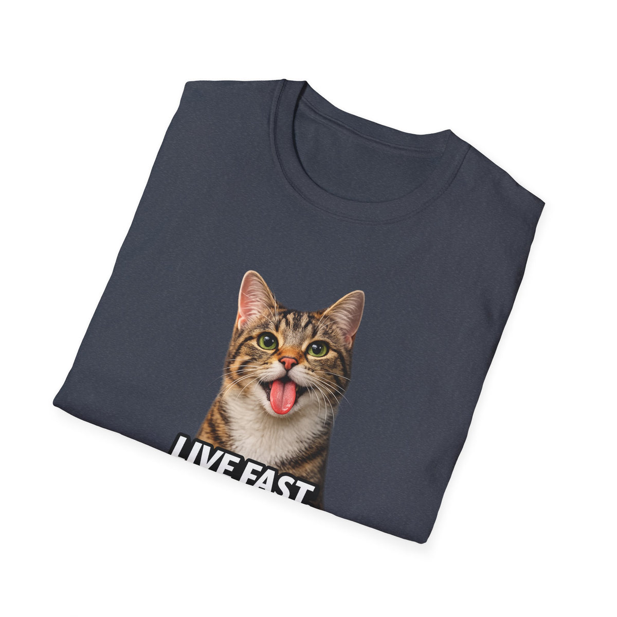 Cat T-Shirt — "Live Fast. Purr Loud." Funny Tabby Graphic Tee for Cat Lovers