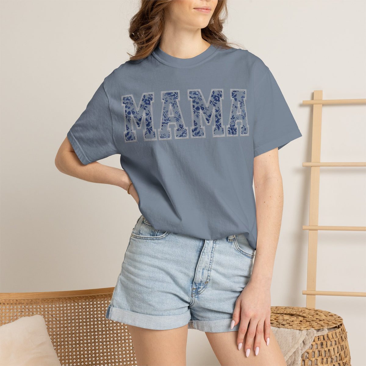 Mama Blue Toile Shirt, Delft Floral Applique Varsity Tee, Chinoiserie Mom Shirt, Mothers Day Gift