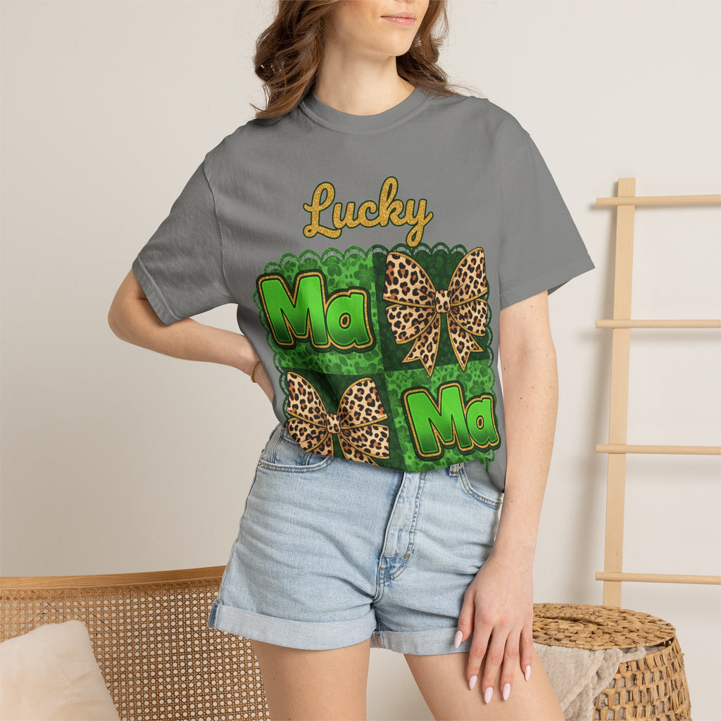 Lucky Mama Quad Shirt, Shamrock Leopard Bow Tee, St Patricks Day Mom Shirt, Irish Mama Gift