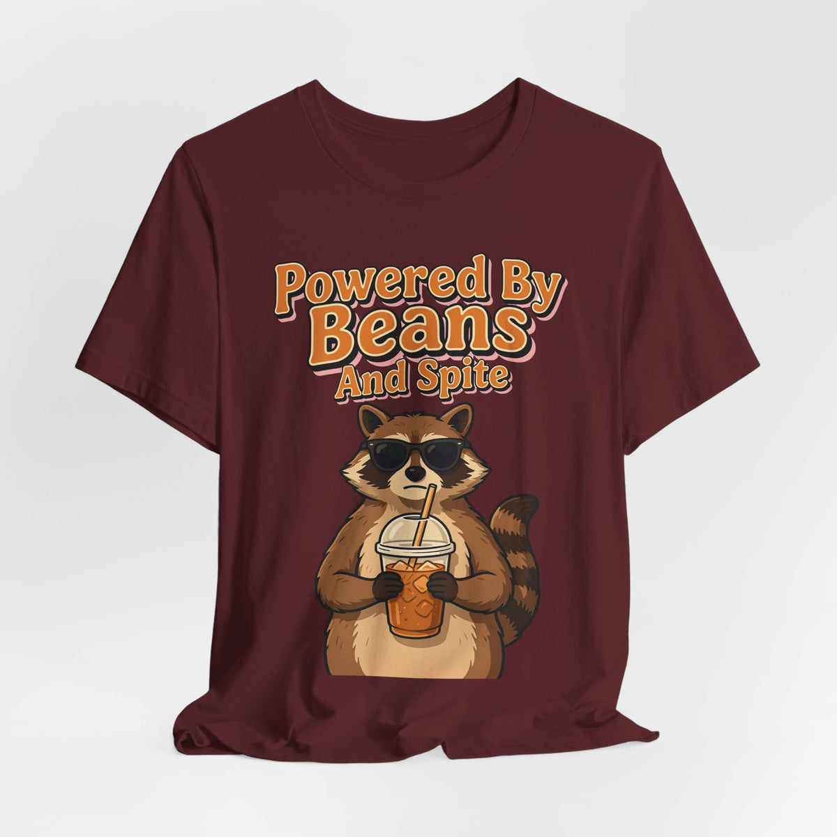 Funny Coffee Shirt Powered By Beans And Spite | Sarcastic Coffee Lover Shirt | Iced Coffee Raccoon Shirt | Gift