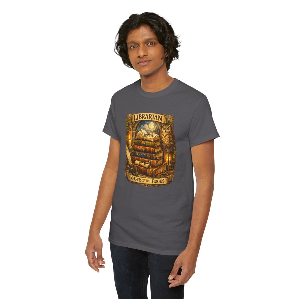 Librarian 'Keeper of the Books' T-Shirt — Vintage Bookstack & Owl Graphic