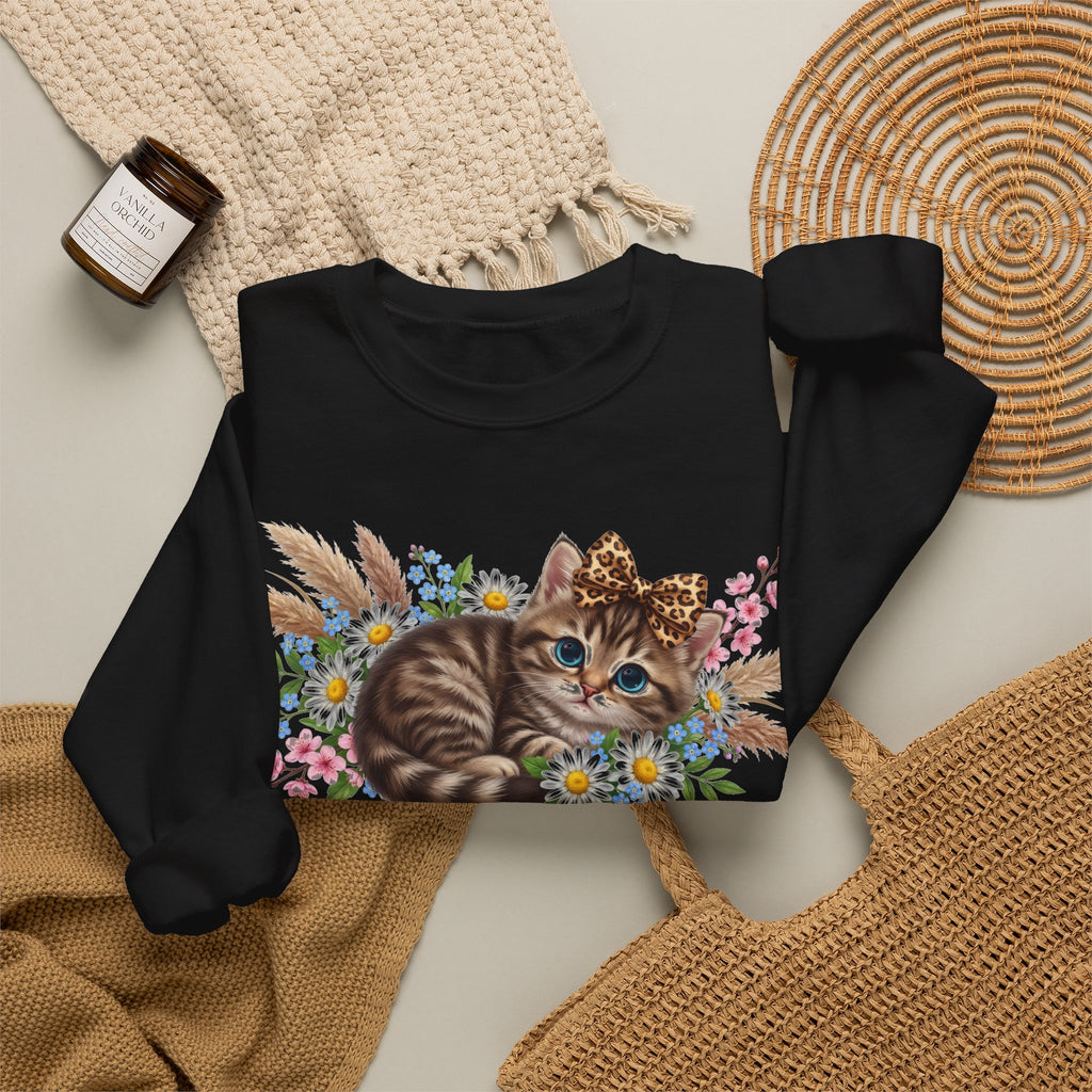 Cute Kitten Sweatshirt, Leopard Bow Floral Cat Sweatshirt, Coquette Cat Lover Gift, Tabby Kitten Pampas Flowers Sweatshirt, Cat Mom Boho Swe