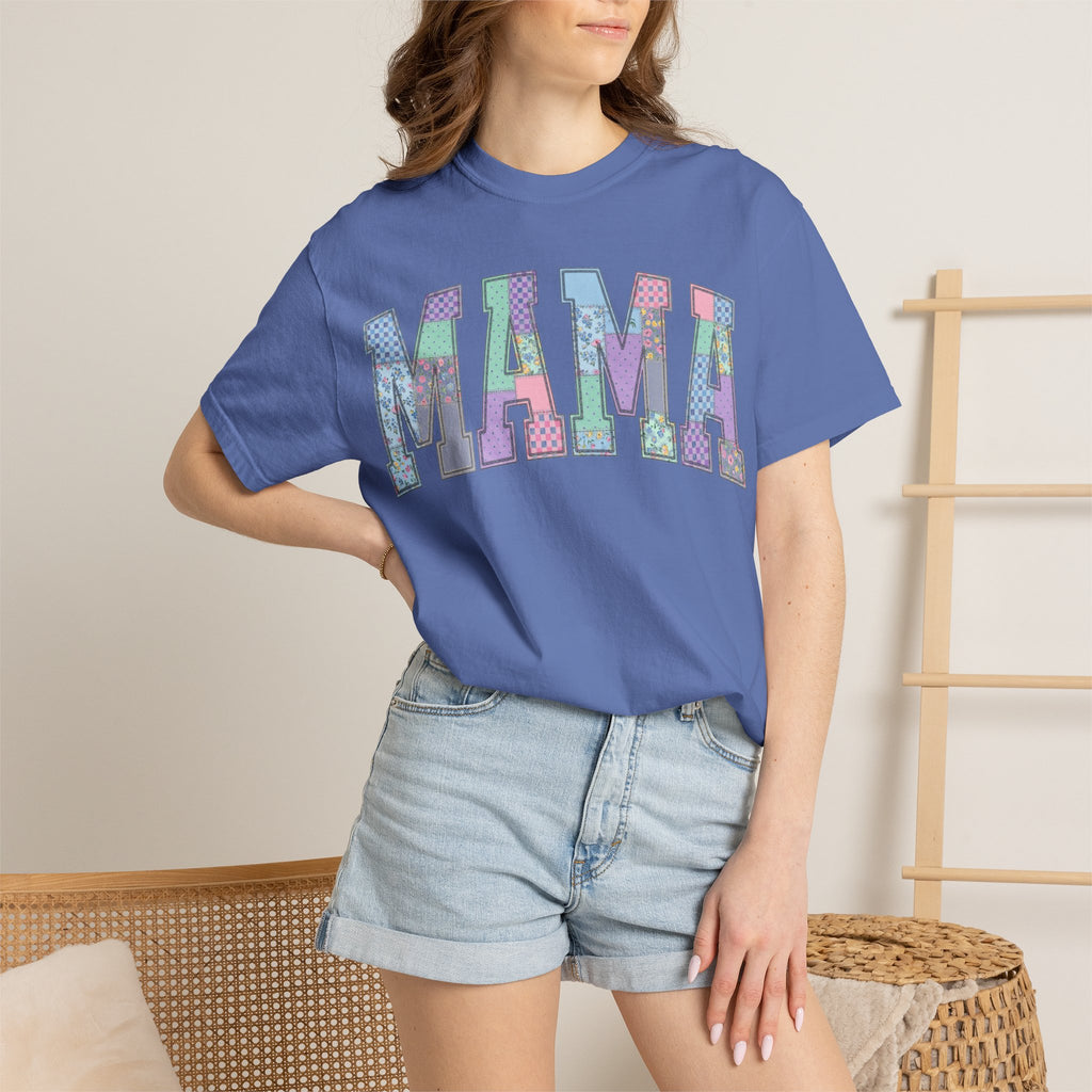 Mama Arched Patchwork Shirt, Pastel Quilt Letter Tee, Cottagecore Mom Shirt, Mothers Day Gift
