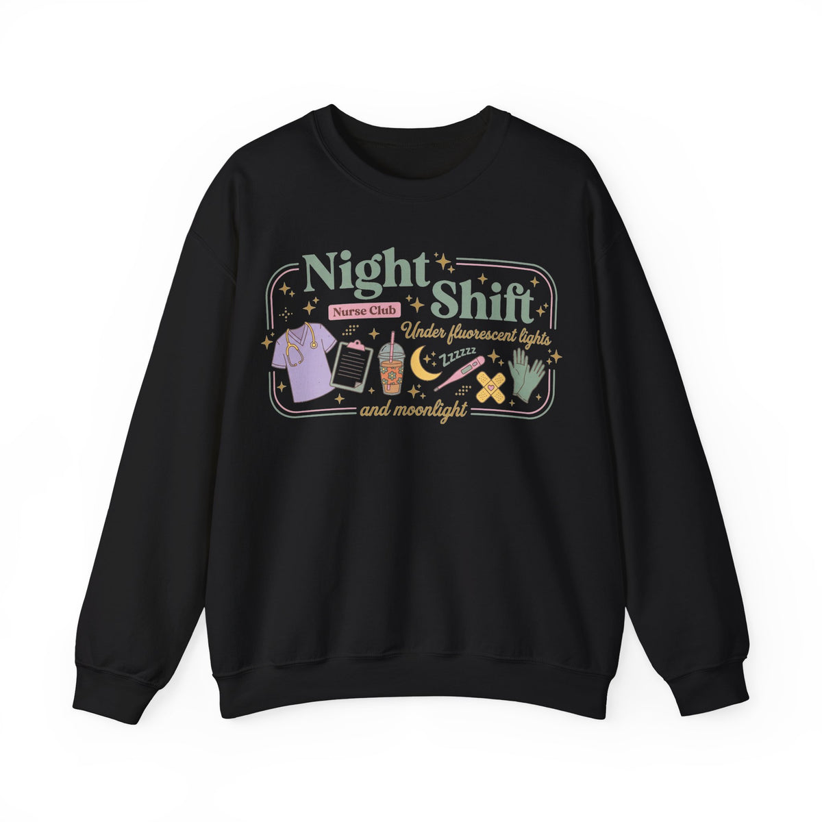 Night Shift Nurse Club Sweatshirt, Under Fluorescent Lights And Moonlight Sweatshirt, Retro Nurse Gift, Night Nurse Scrubs Doodle Sweatshirt