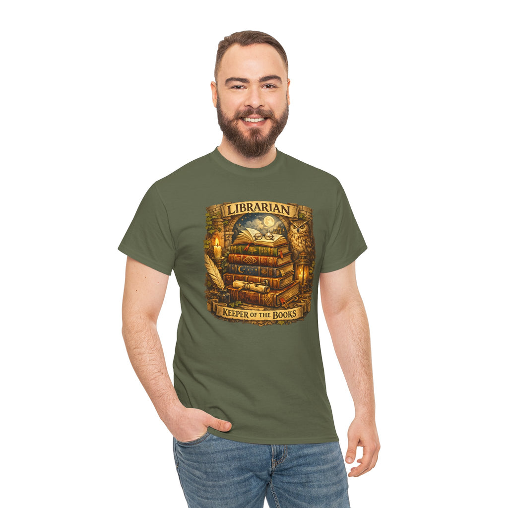 Librarian 'Keeper of the Books' T-Shirt — Vintage Bookstack & Owl Graphic