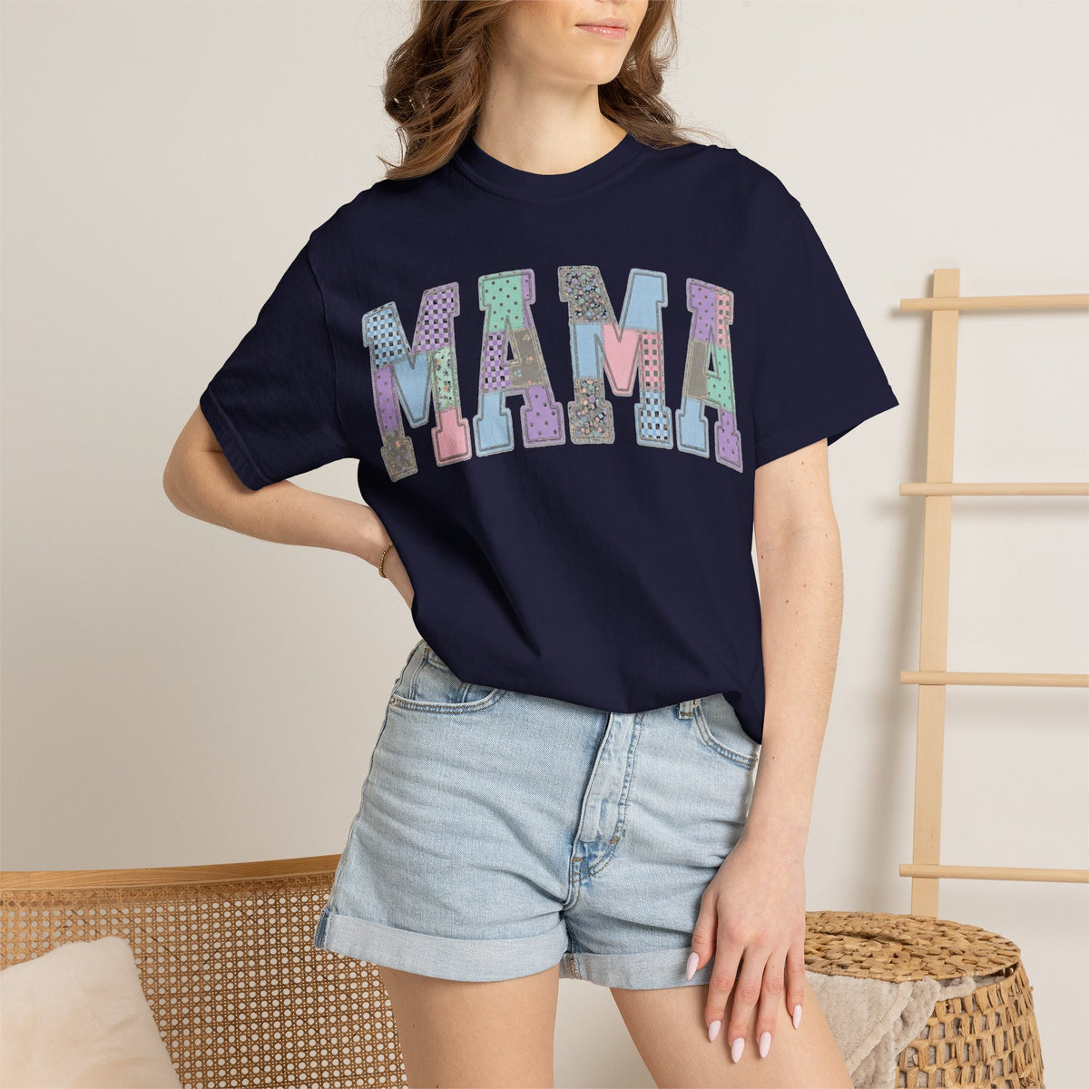 Mama Patchwork Shirt, Pastel Faux Applique Varsity Tee, Shabby Chic Mom Shirt, Mothers Day Gift