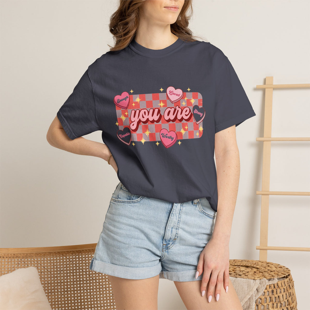 You Are Enough Loved Worthy Shirt, Conversation Heart Checkerboard Tee, Affirmation Valentine Shirt, Gift For Her